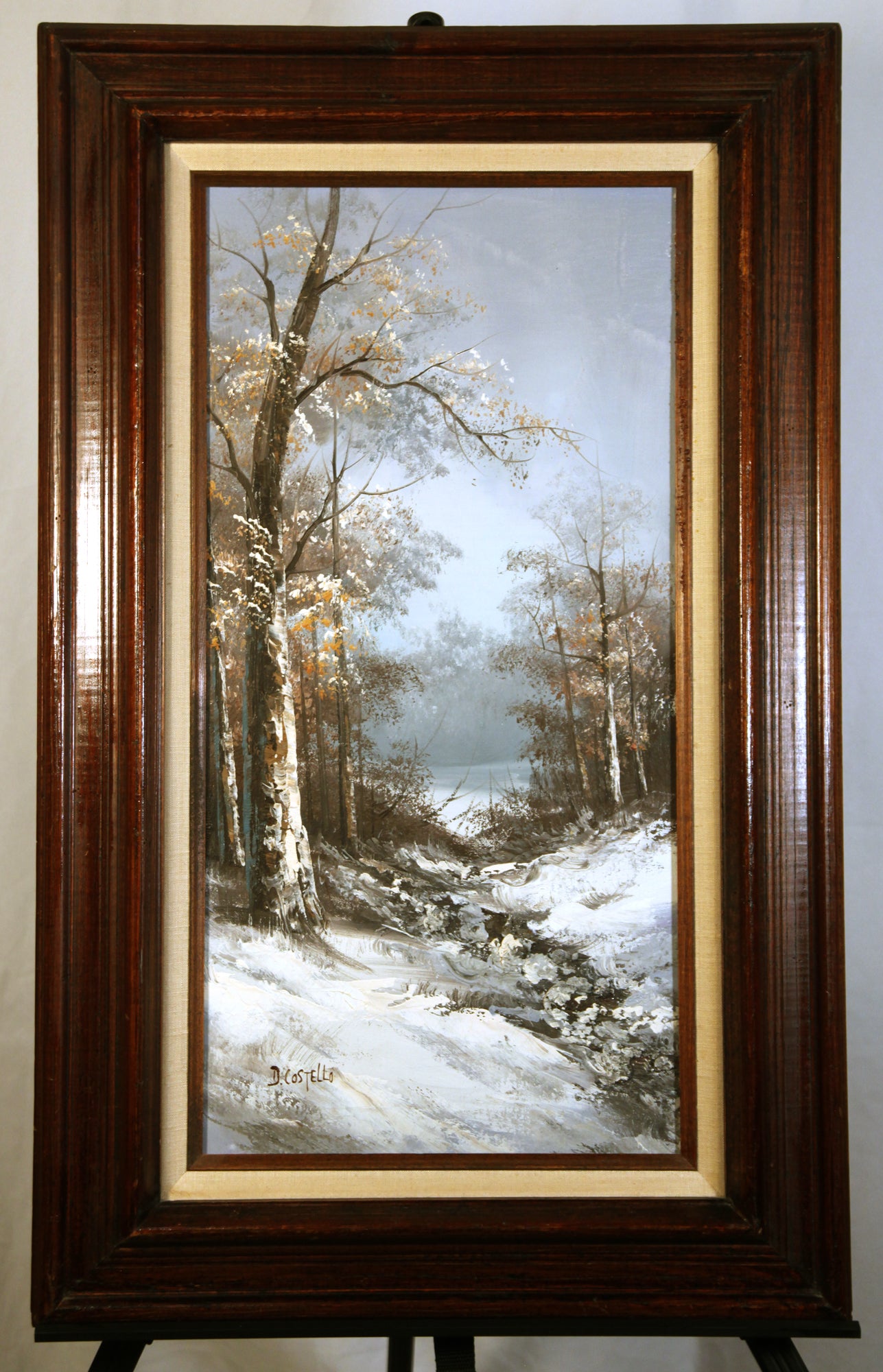 Vintage Signed D. Costello Oil Painting Snowy Forest Path Landscape Framed