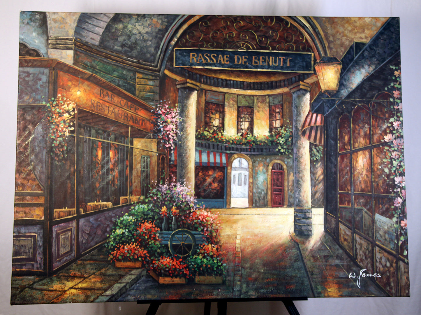 W. James Signed Large Framed Canvas Painting European Street Scene Wall Art