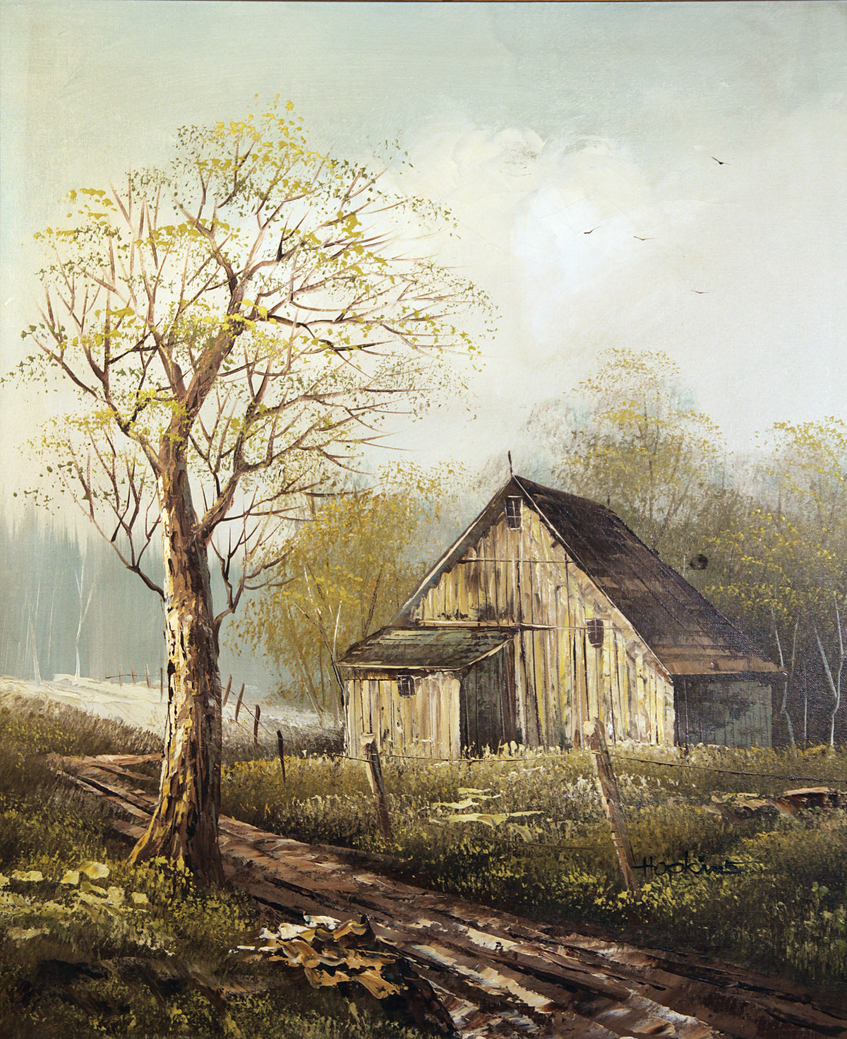 Vintage Original Oil Painting Rustic Barn Landscape, Signed Hopkins, Gilt Frame
