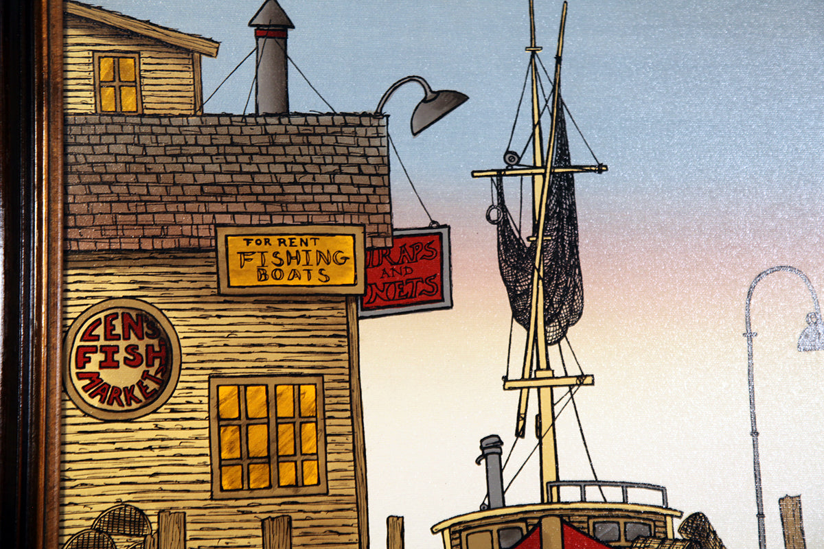 H. Hargrove Signed Serigraph Harbor Fishing Boats Fish Market Framed 27.5x24"