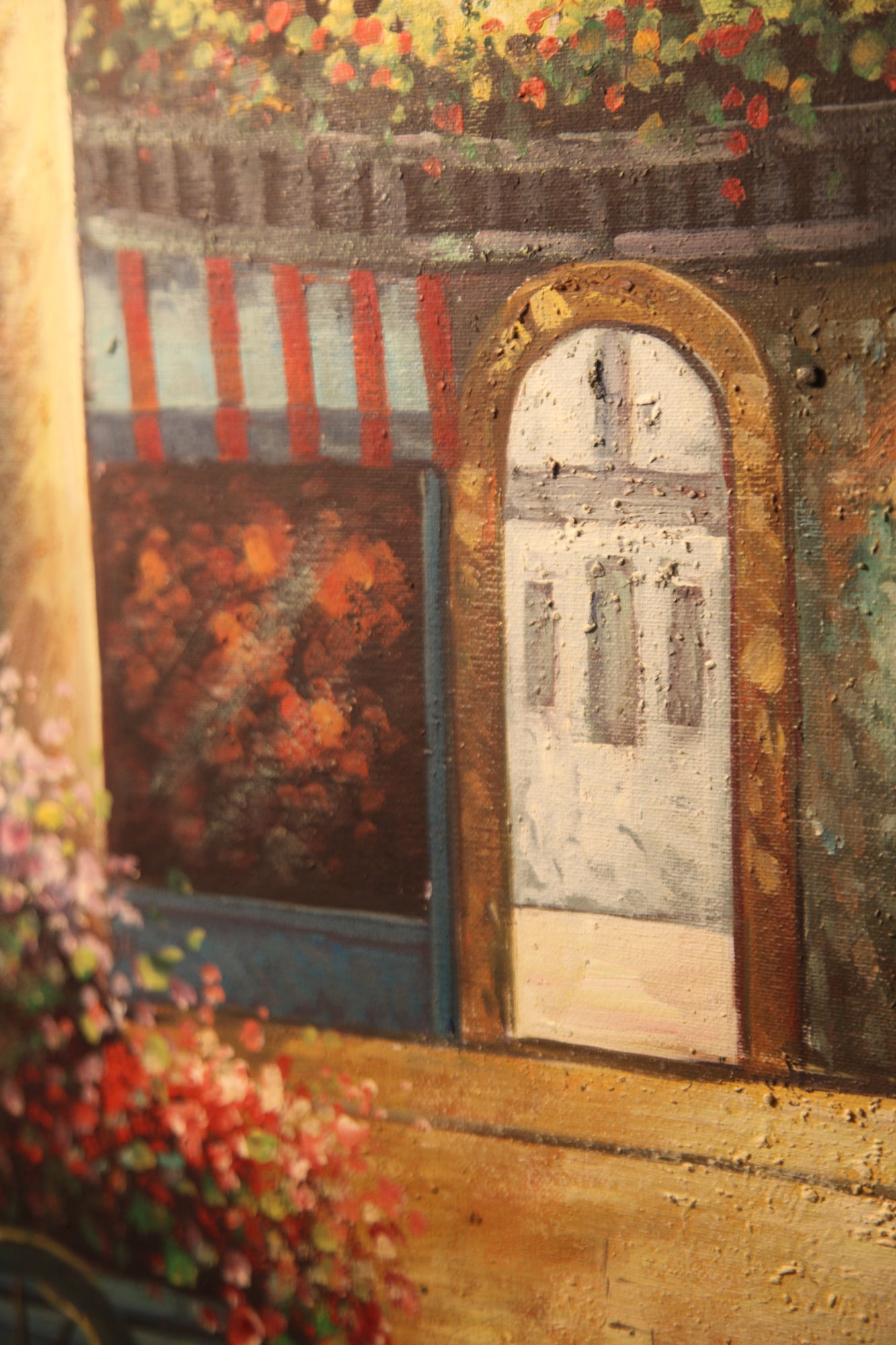 A close-up of a painting texture depicting a rustic storefront or doorway 