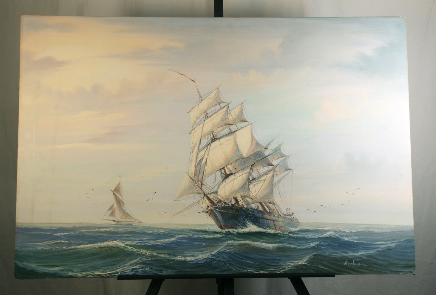 Original Oil Painting Sailing Ships on canvas signed by Ambrose