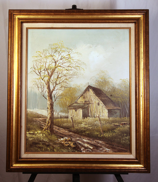 Vintage Original Oil Painting Rustic Barn Landscape, Signed Hopkins, Gilt Frame