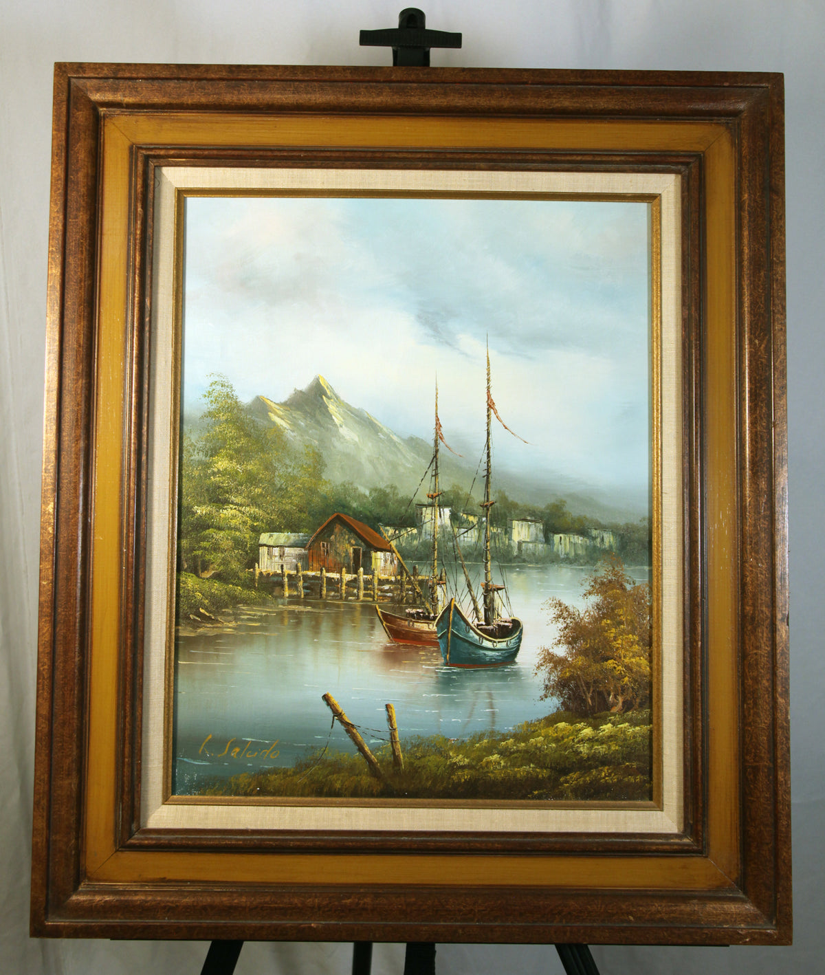 Vintage Signed L. Salcido Oil Painting Harbor Sailboats Framed Seascape
