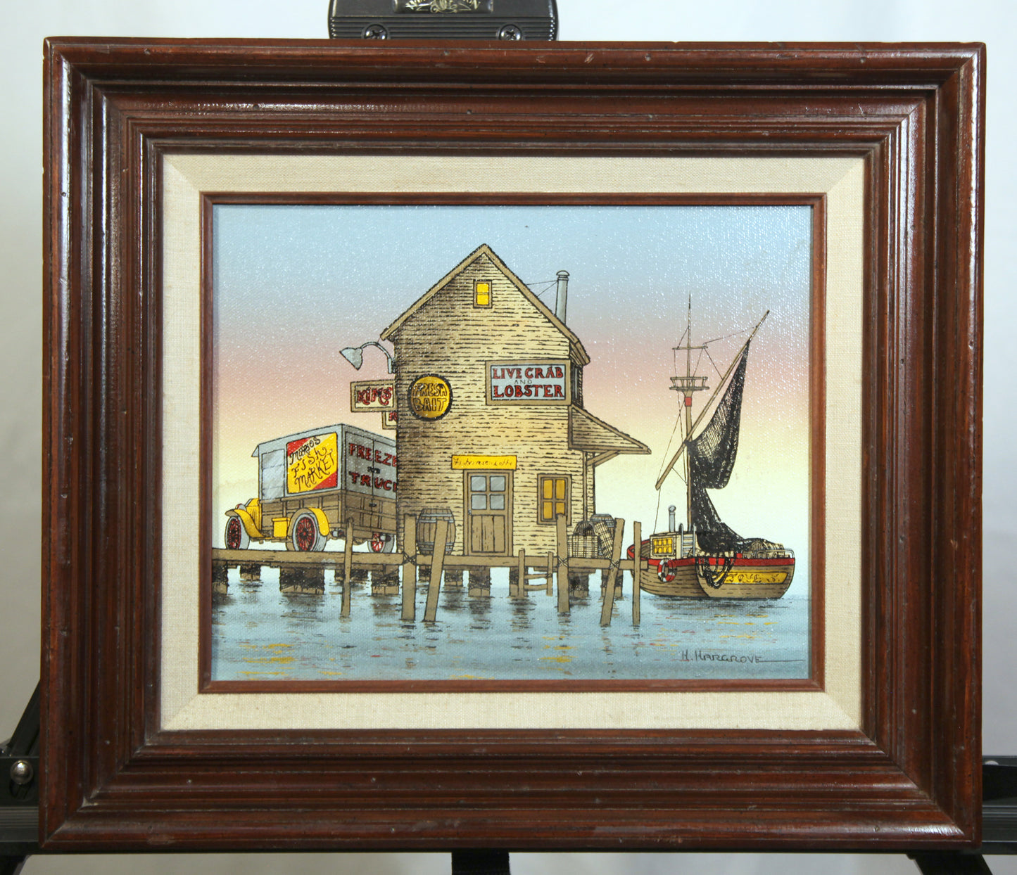 H. Hargrove Limited Edition Signed Serigraph Fishing Harbor Dock Scene Framed Art