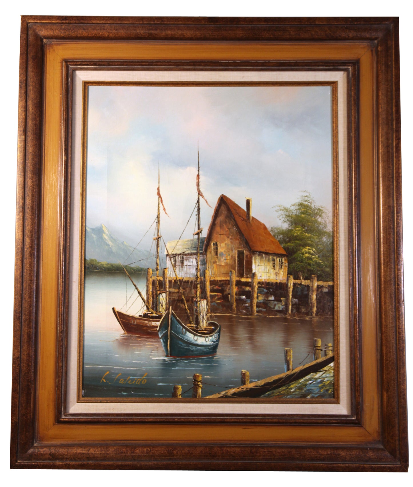 L. Salcido Original Oil Painting Harbor Fishing Boats Dock 24x28 Framed