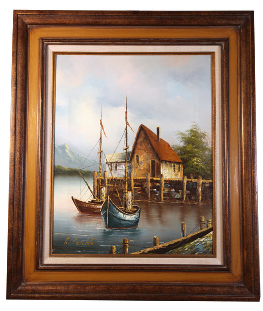 L. Salcido Original Oil Painting Harbor Fishing Boats Dock 24x28 Framed