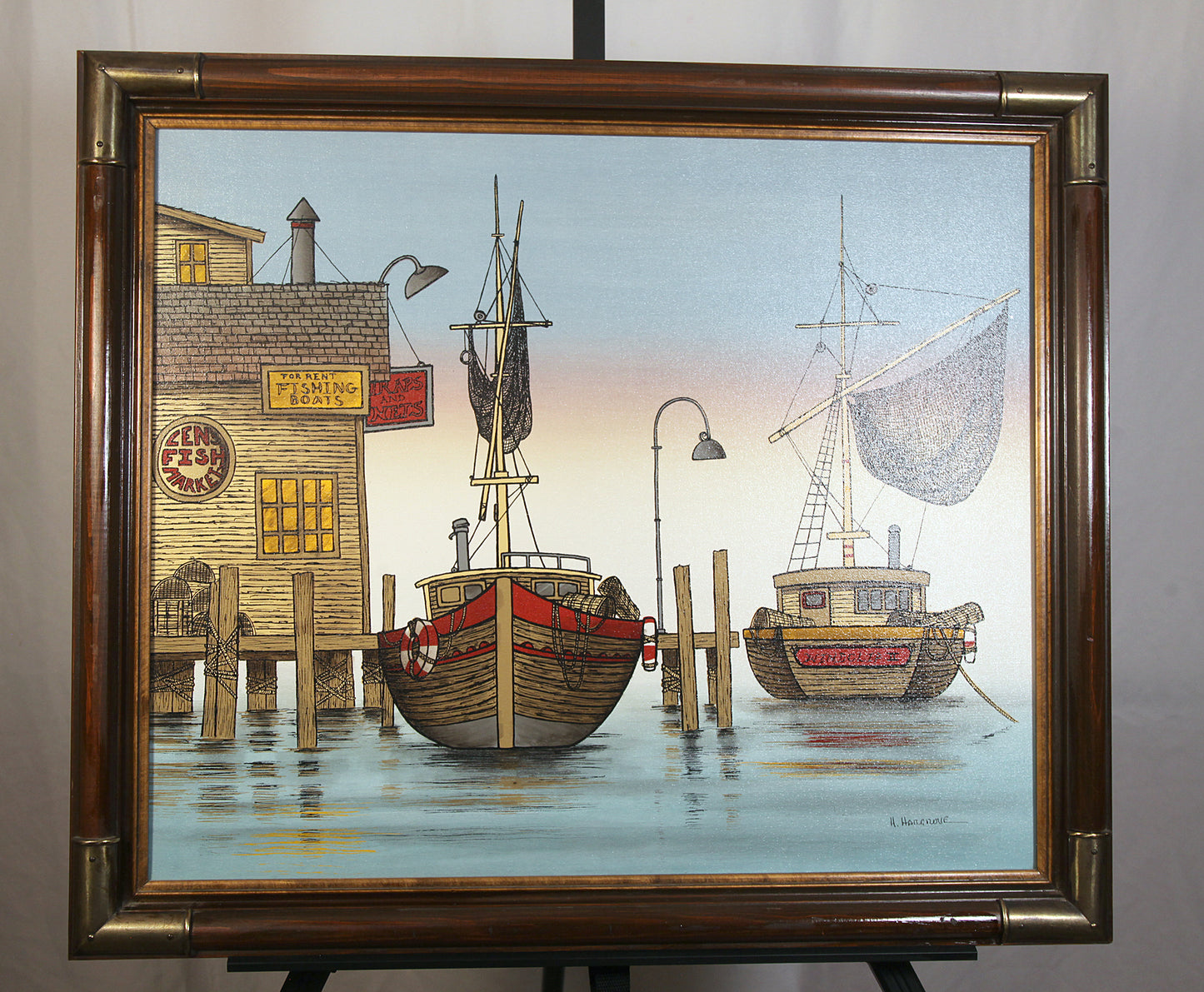 H. Hargrove Signed Serigraph Harbor Fishing Boats Fish Market Framed 27.5x24"