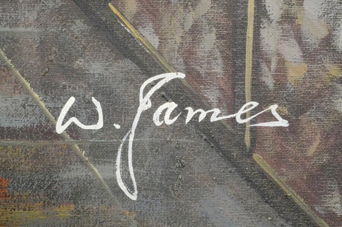 A close-up of  signature reading 'W. James'.
